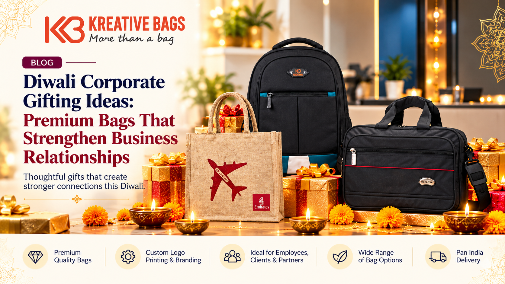 Diwali Corporate Gifting Ideas featuring premium customised backpacks, laptop bags and jute bags by Kreative Bags